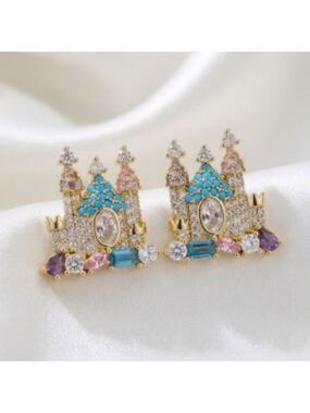 Princess Crown Crystal Stud Earrings Gold Multicolor Royal Castle Statement